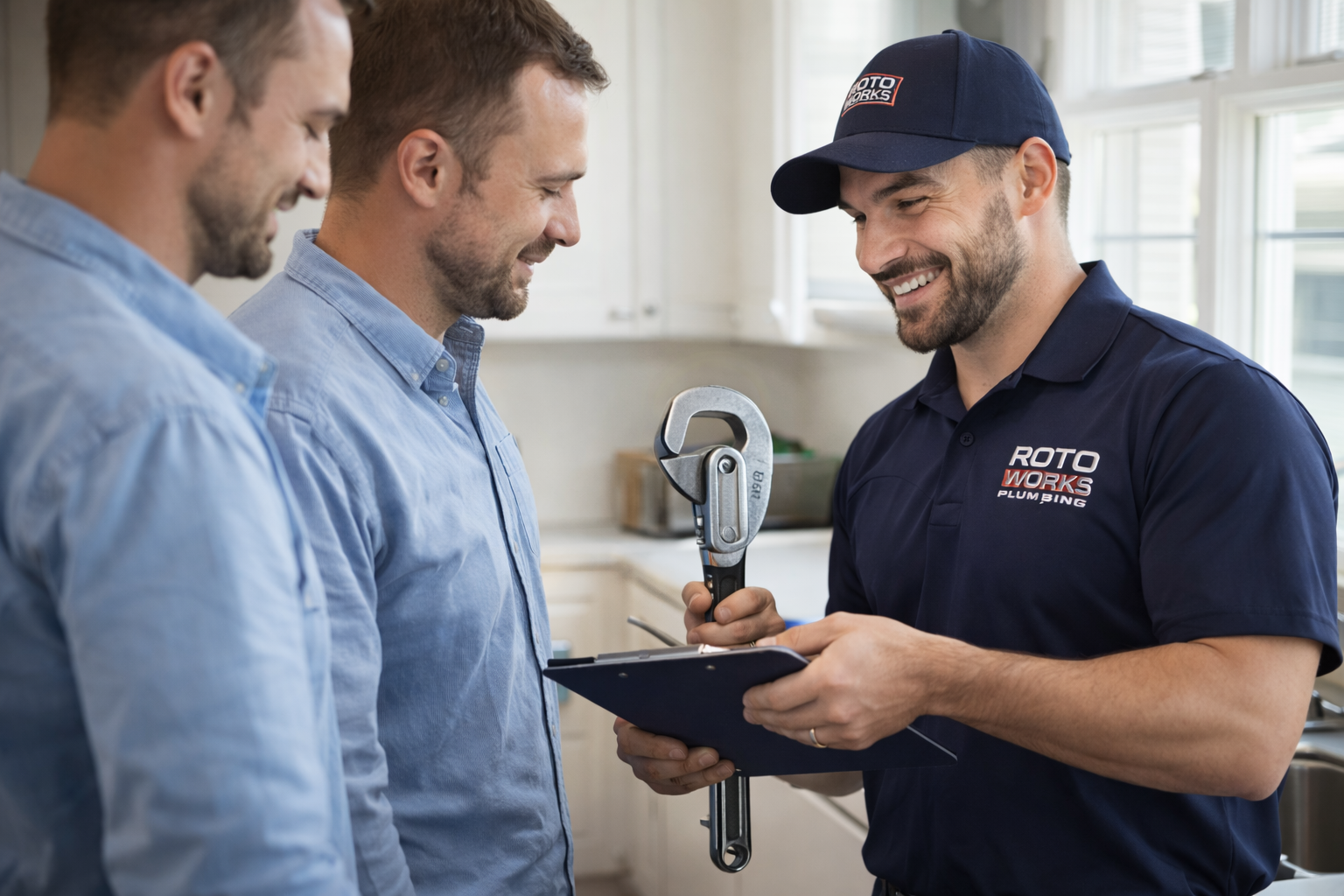 RotoWorks Plumbing team discussing a project