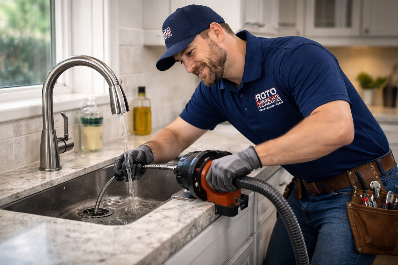 RotoWorks plumber cleaning a kitchen drain